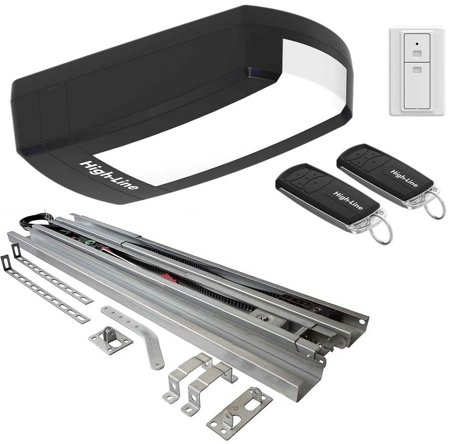 High Line Liftmaster aandrijving met aandrijvrail, twee handzenders en één wandzender gemonteerd bij Berger Premium sectionale garagedeur
