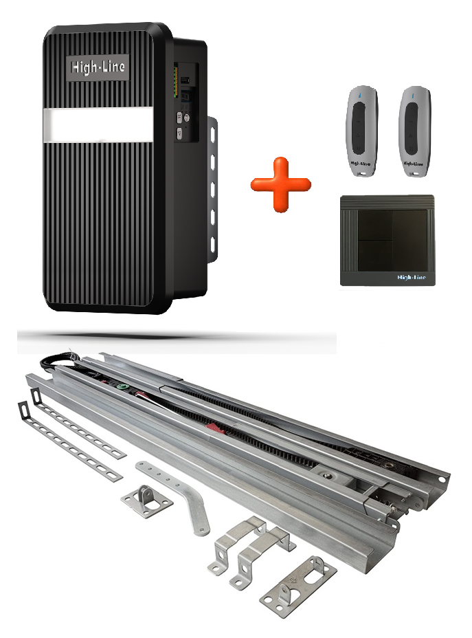 High Line Smart aandrijving met aandrijvrail, twee handzenders en één wandzender gemonteerd bij Berger Premium sectionale garagedeur