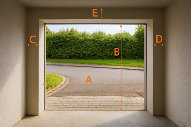 Technische tekening met inbouwmaten voor sectionale garagedeur