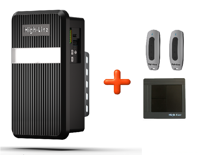 Highline Smart aandrijving met twee handzenders en een draadloze wandzender, voorbereid voor app bediening